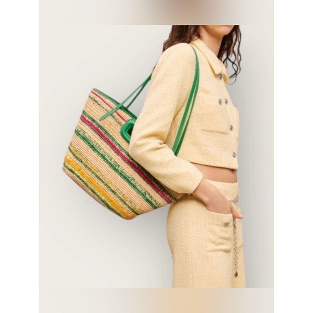Maje Striped Raffia Basket Bag in the "Casino Green" Summer Stripe Beach Bag - Picture 3 of 13